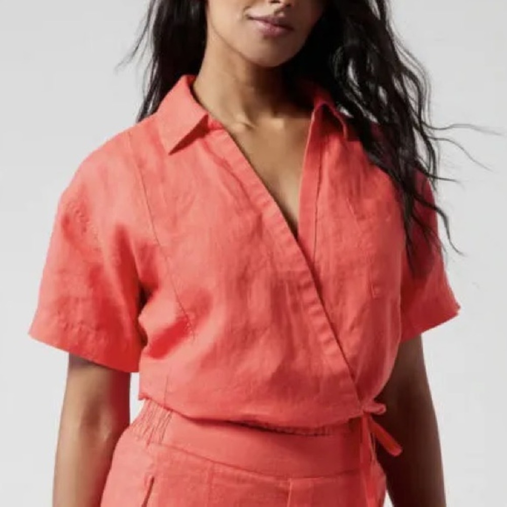 Athleta Play Linen Toe Top Size Small Petite Coral Wrap Linen Blouse Shirt Pink